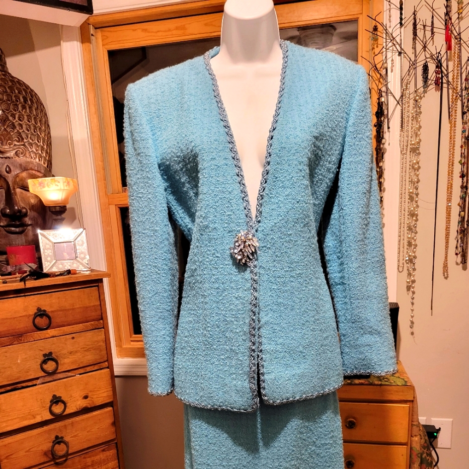 Vintage Mohair Aqua Jacket And Skirt Suit Size 10